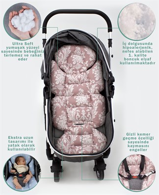 Bebek Arabası Minderi, Bel Destekli, Çift Taraflı Kullanım,  Avanos  Serisi, Pembe