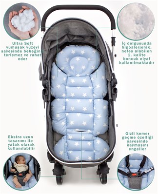 Bebek Arabası Minderi, Bel Destekli, Çift Taraflı Kullanım ,Yıldız Serisi, Mavi
