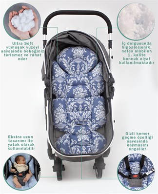 Bebek Arabası Minderi, Bel Destekli, Çift Taraflı Kullanım,  Avanos  Serisi, Mavi