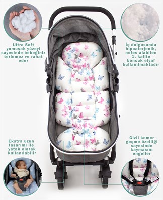Bebek Arabası Minderi, Bel Destekli, Çift Taraflı Kullanım, Balon Kelebek Serisi,Pembe