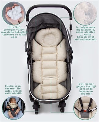 Bebek Arabası Minderi, Bel Destekli, Çift Taraflı Kullanım, Ekose Serisi, Kahverengi