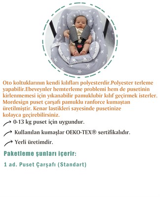 Bebek Puset Çarşafı, %100 Pamuklu Ranforce Kumaş, Stars Seri, Gri Renk